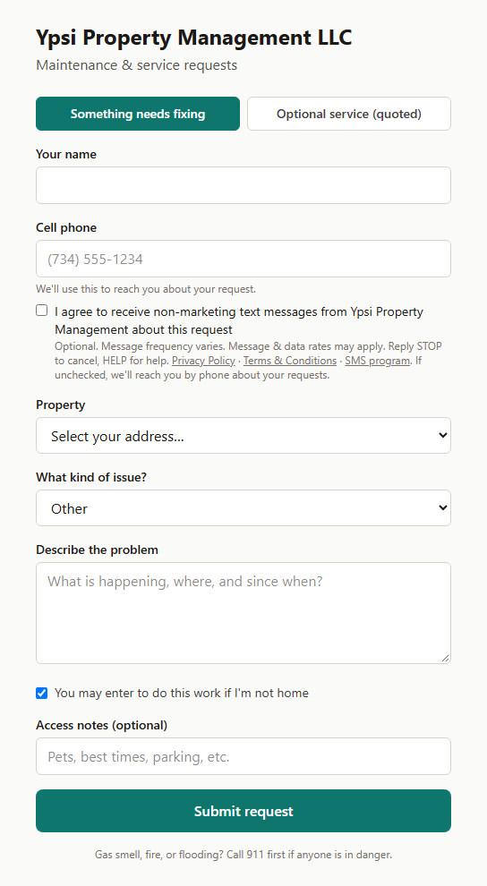 Maintenance request form showing the optional, unchecked consent checkbox — 'I agree to receive non-marketing text messages from Ypsi Property Management about this request' — with message-frequency, data-rate and STOP/HELP disclosures